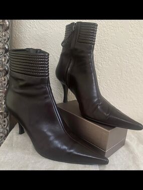 Bruno Magli Vintage Ankle Boots Women's US 6 Dark Brown Leather Italy Stiletto